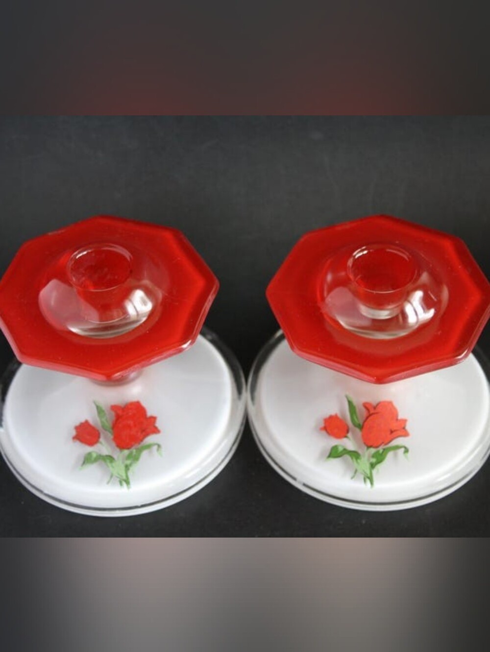 Vintage 1930s Indiana Glass Candlestick holders Red flowers Romantic Decor